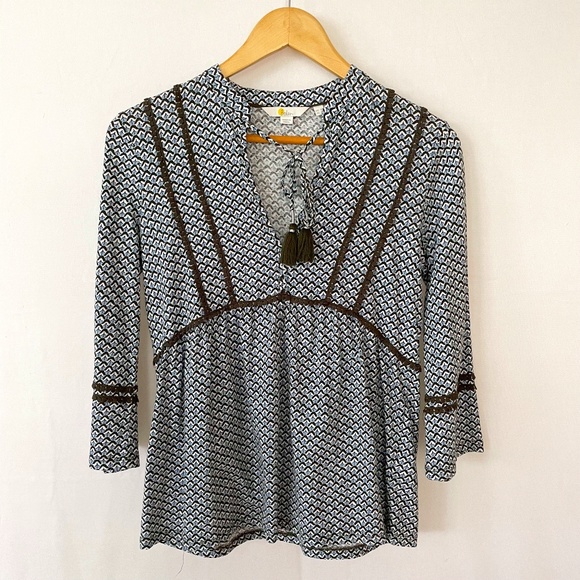 Boden Gemma Women's Size 2 Jersey Knit Tassel Top Blue Olive V-Neck Empire Waist - Picture 1 of 8